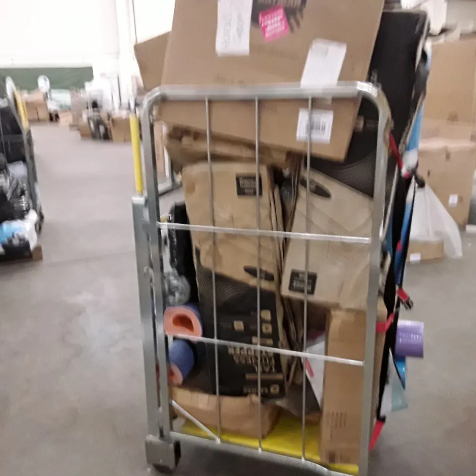 CAGE TO CONTAIN AN ASSORTMENT OF HOUSEHOLD ITEMS TO INCLUDE FOAM ROLLERS, FITNESS STEPPER, METAL BINS AND YOGA MATTS ECT