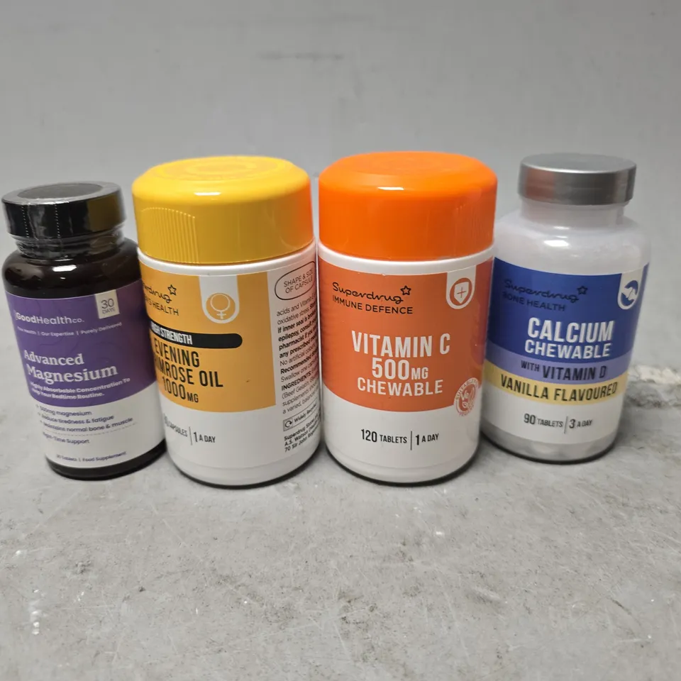 APPROXIMATELY 10 ASSORTED FOOD ITEMS TO INCLUDE - EVENING PRIMROSE OIL SUPERDRUG , SUPERDRUG VITAMIN C 500MG CHEWABLE ETC