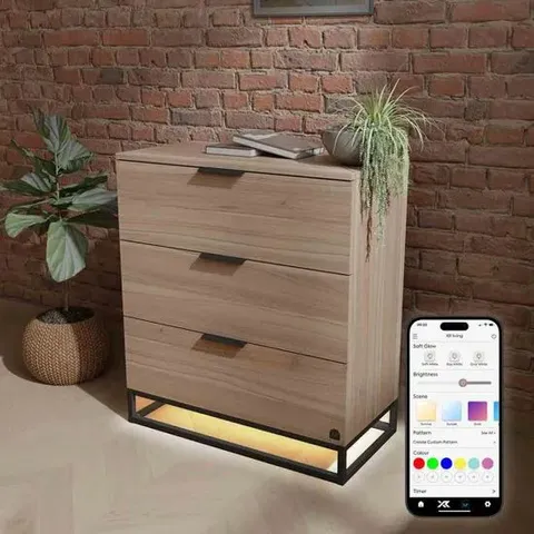 BOXED DENVER CHEST OF 3 DRAWERS WITH LED APP CONTROL LIGHTS - OAK / BLACK (1 BOX)
