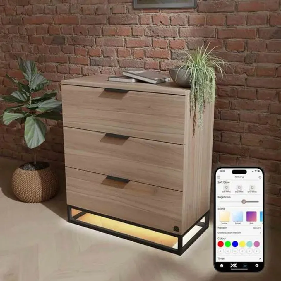 BOXED DENVER CHEST OF 3 DRAWERS WITH LED APP CONTROL LIGHTS - OAK / BLACK (1 BOX)