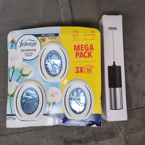 APPROXIMATELY 10 ASSORTED HOUSEHOLD ITEMS TO INCLUDE ASSISTANT FROTHER, FEBREZE MEGA PACK, ETC