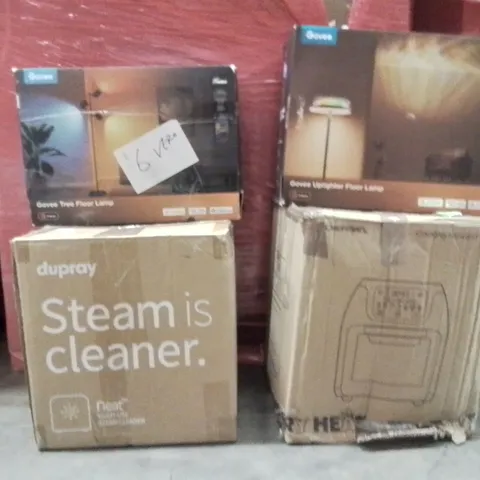PALLET OF ASSORTED HOUSEHOLD GOODS AND PRODUCTS TO INCLUDE; GOVEE TREE FLOOR LAMPS,STEAM CLEANER,AIR FRYER