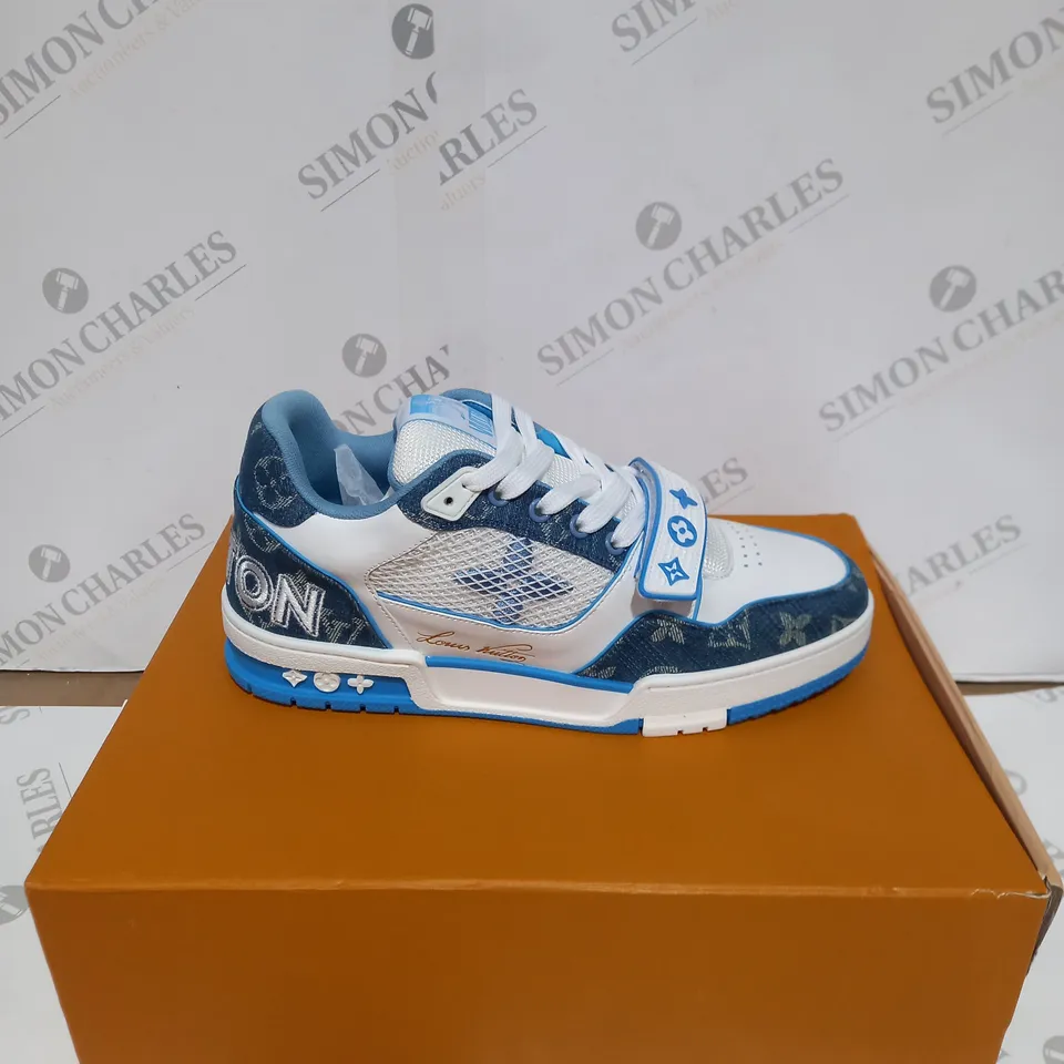 BOXED PAIR OF LOUIS VUITTON VELCRO STRAP SNEAKERS - WHITE/BLUE, SIZE 7