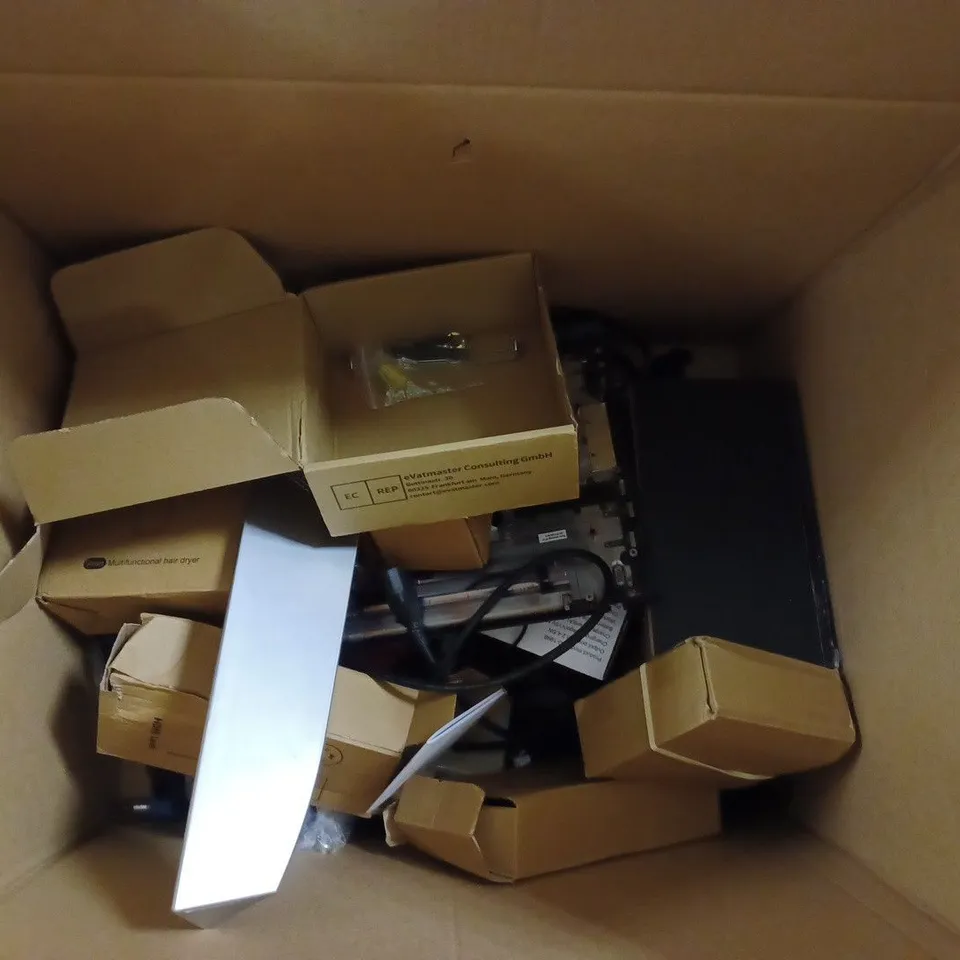 BOX OF APPROX 10 ITEMS INCLUDING CEILING LIGHT, HAIR DRYER AND COMPRESSED AIR DUSTER