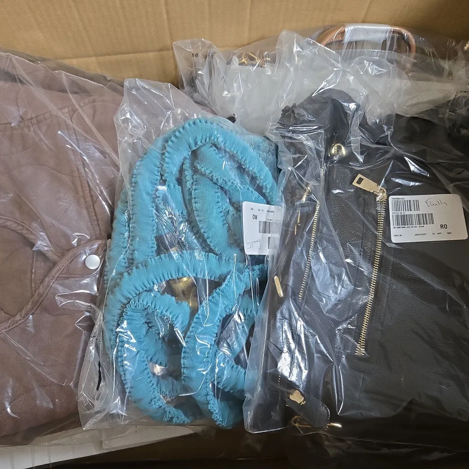 BOX OF APROX 20 HOUSEHOLD ITEMS TO INCLUDE CLOTHES, BAG ETC 