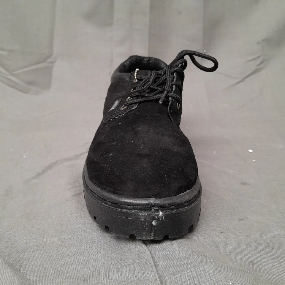 BOX OF APPROXIMATELY 10 BOXED PAIRS OF DRKA FAUX SUEDE LACE UP SHOES IN BLACK - VARIOUS SIZES