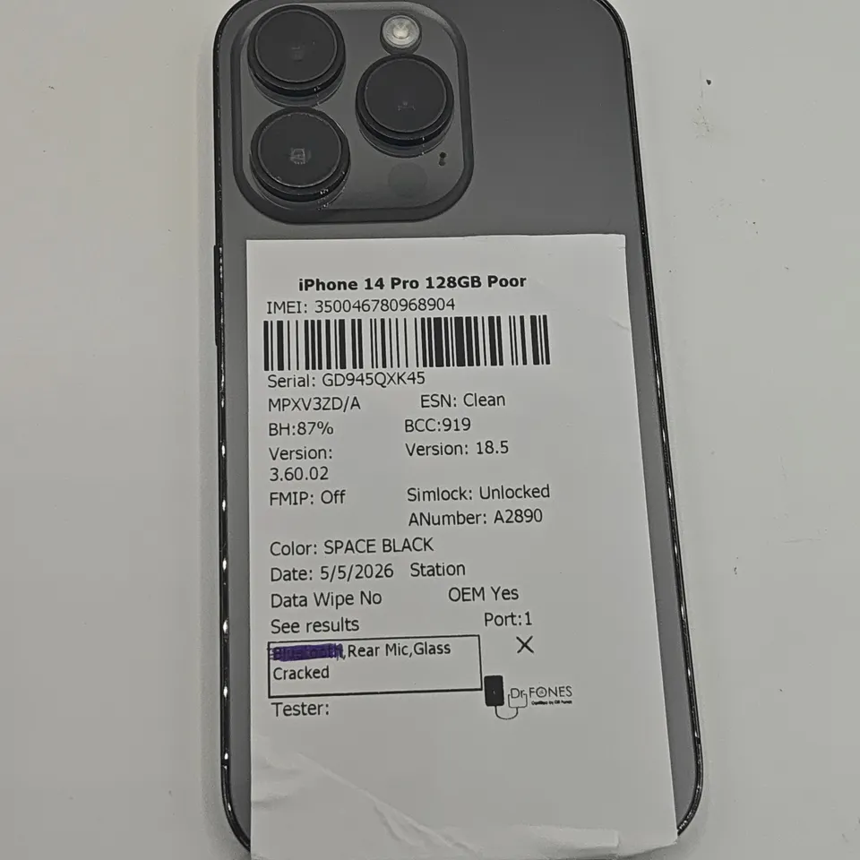UNBOXED APPLE IPHONE 14 PRO 128GB IN SPACE BLACK - A2890