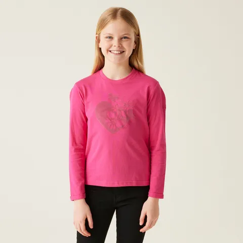 BRAND NEW REGATTA KIDS WENBIE III LONG SLEEVE T-SHIRT IN HOT PINK/FLOWER HEART SIZE UK 15-16 YEARS