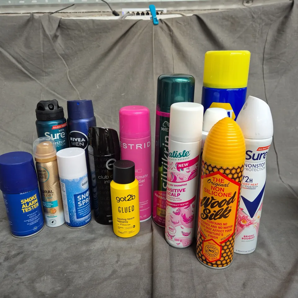 APPROXIMATELY 12 ASSORTED AEROSOLS TO INCLUDE - GOT2BGLUED HAIRSPRAY - ESTRID SHAVE GEL - BATISTE DRYSHAMPOO - ETC - COLLECTION ONLY