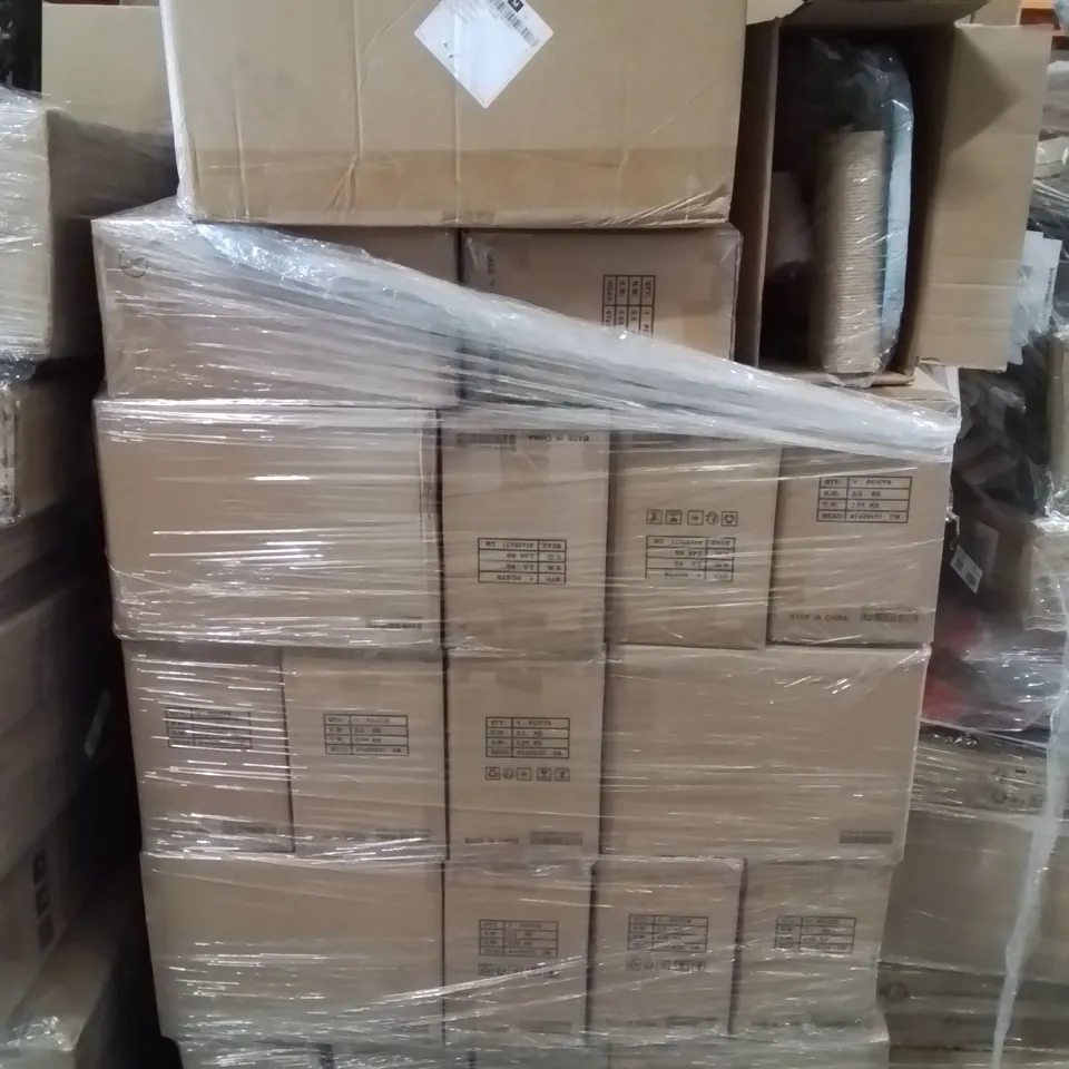 PALLET CONTAINING LARGE QUANTITY OF BRAND NEW CAT TREES, AND SHIRTS