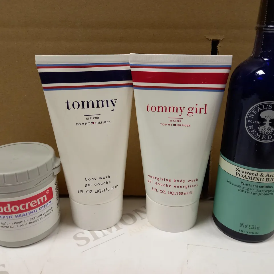 BOX OF 4 ITEMS TO INCLUDE TOMMY HILFIGER BODY WASH, TOMMY GIRL BODY WASH AND SUDOCREM