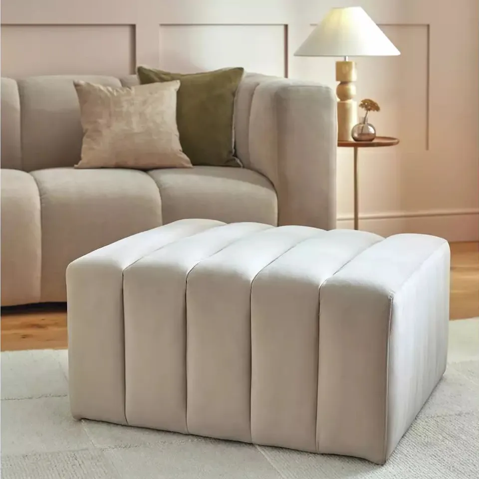 BOXED LETTI RIBBED VELVET FOOTSTOOL LATTE