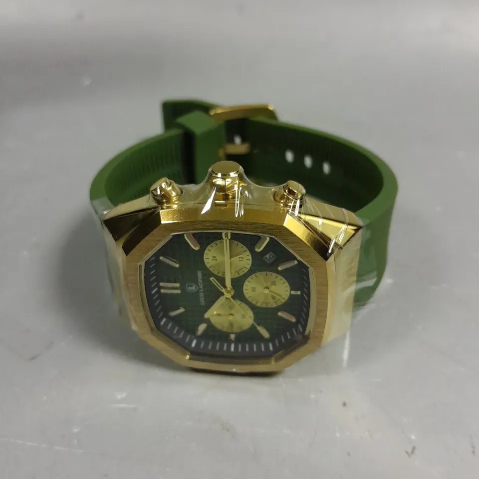 MENS LOUIS LACOMBE CHRONGRAPH WATCH – 3 SUB DIALS – GOLD COLOUR CASE – GREEN RUBBER STRAP