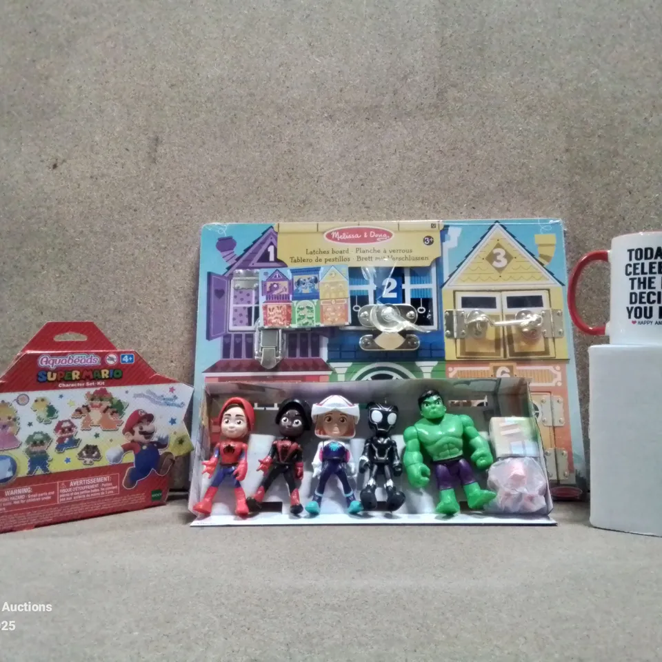 BOX TO CONTAIN ASSORTED HOUSEHOLD GOODS AND PRODUCTS TO INCLUDE; AQUABEADS SUPERMARIO CHARACTER SET KIT, HASBRO MARVEL ACTION FIGURES, MELISSA & DOUGH LATCHES BOARD