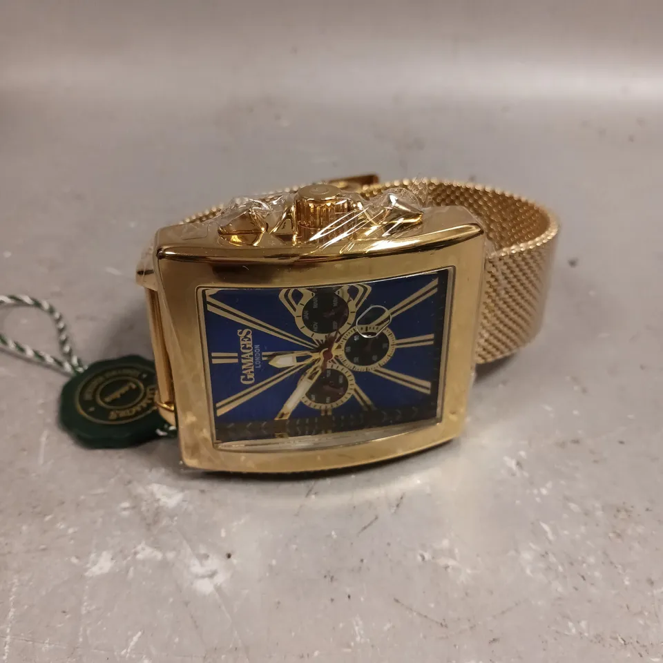 GAMAGES EXCLUSIVE NAVY DIAL GOLD COLOUR CASE WATCH 
