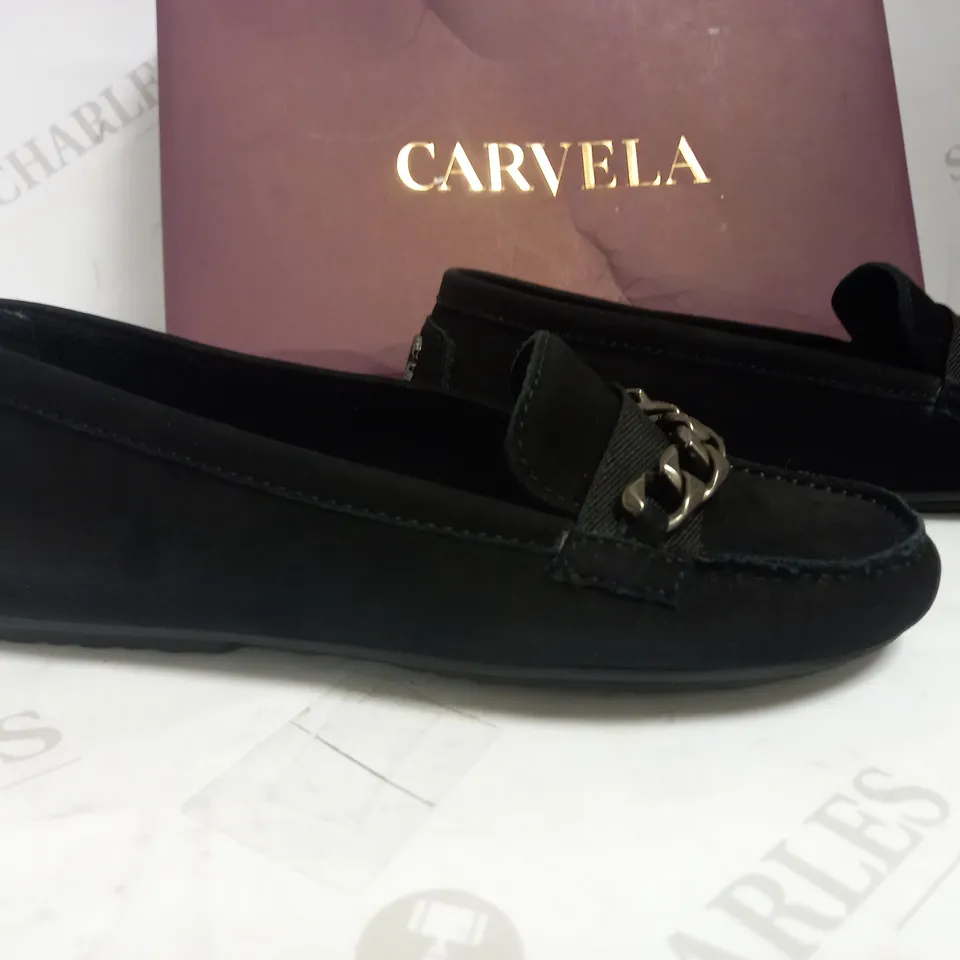 EU 36 CARVELA CHAIN DETAIL MOCCASIN BLACK SUEDE SLIP ON SHOE 
