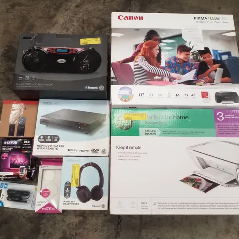 PALLET CONTAINING ASSORTED ELECTRICAL RETURNS INCLUDING CANON PIXMA TS3350 PRINTER, HP DESKJET 2810E PRINTER, BLUETOOTH CD BOOMBOX, HDMI DVD PLAYER WITH REMOTE, WIRELESS HEADPHONES & PHONE CASES 