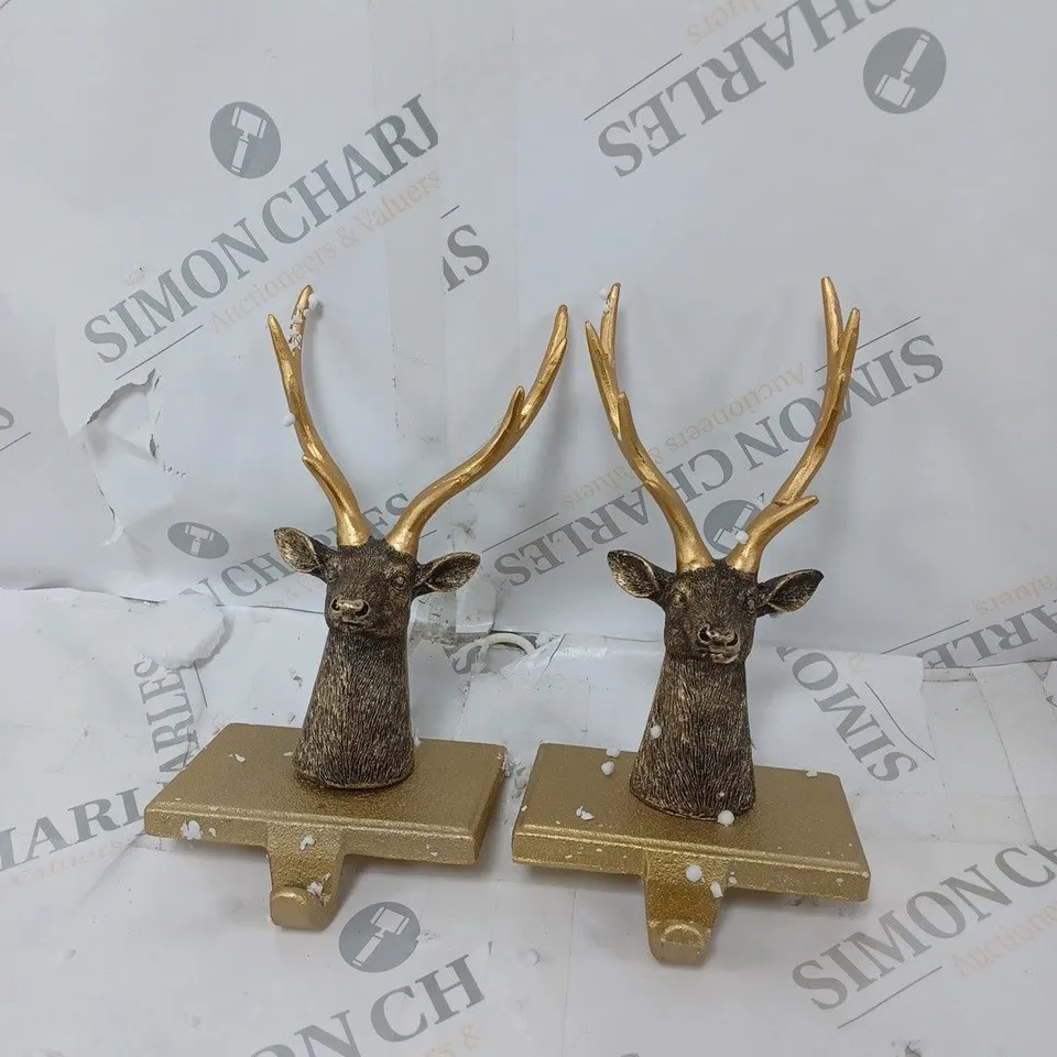 BOXED SET OF TWO ALISON CORK ANIMAL STOCKING HOLDERS - STAG