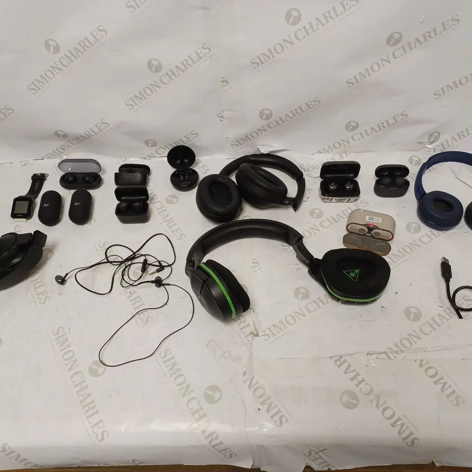 LOT OF APPROXIMATELY 10 UNBOXED AUDIO DEVICES TO INCLUDE SONY WIRELESS BUDS, JBL BLACK WIRELESS HEADPHONES, AND JABRA WIRELESS BUDS ETC. 