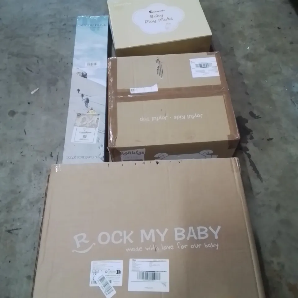 PALLET CONTAINING APPROXIMATELY 4 RAW ELECTRICAL ITEMS TO INCLUDE:BOOSTER SEAT, MULTIFUNCTIONAL CRUTCH,BABY PLAY MATS, ARTIFICIAL TREE,WIPER BLADES,ROCKING HORSE AND OTHER ASSORTED ITEMS...