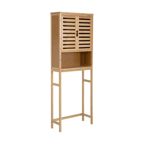 BOXED BAMBOO OVER TOILET SHELF, FLOOR STANDING BATHROOM STORAGE RACK WITH LOUVER DOOR CABINET & OPEN COMPARTMENT