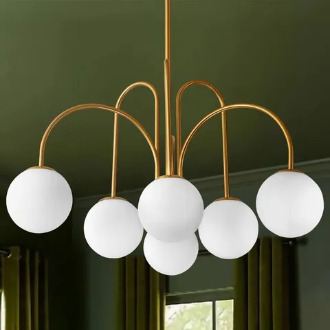 BOXED SPOFFO 6-LIGHT CONTEMPORARY GOLD SPUTNIK CEILING LIGHT FROSTED WHITE GLASS GLOBE BUBBLE CHANDELIER (1 BOX)