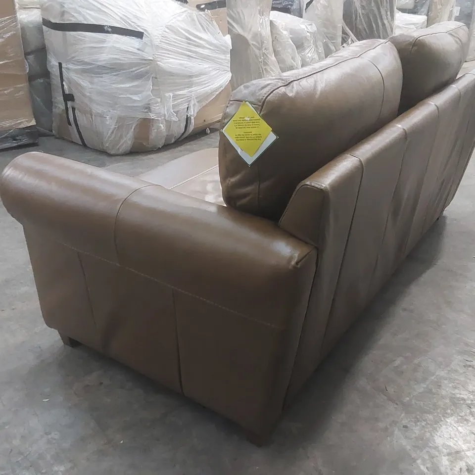 DESIGNER BAILEY TAN LEATHER THREE SEATER SOFA ON WOODEN LEGS 