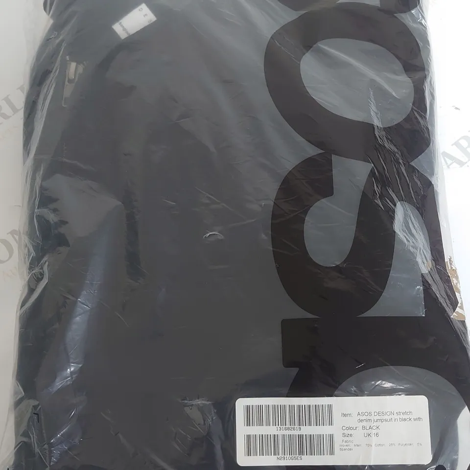 BAGGED ASOS STRETCH DENIM JUMPSUIT IN BLACK - UK 16