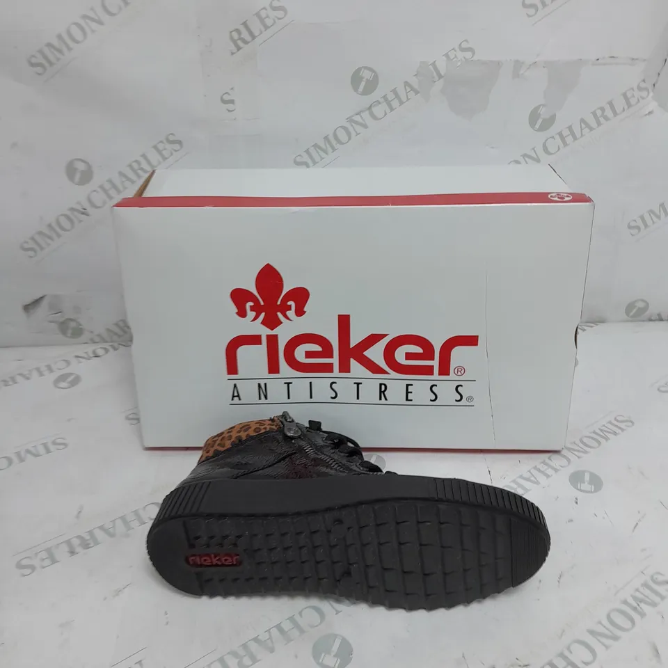 BOXED RIEKER HIGH TOP CUFFED SHOES, LEOPARD/BLACK - SIZE 4