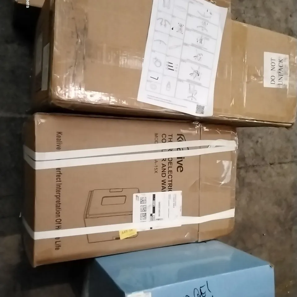 PALLET OF ASSORTED HOUSEHOLD ITEMS TO INCLUDE POP UP GEACH TENT, CHILLI WINDIS KIT, OFFICE CHAIR AND UV GARDEN PARASOL