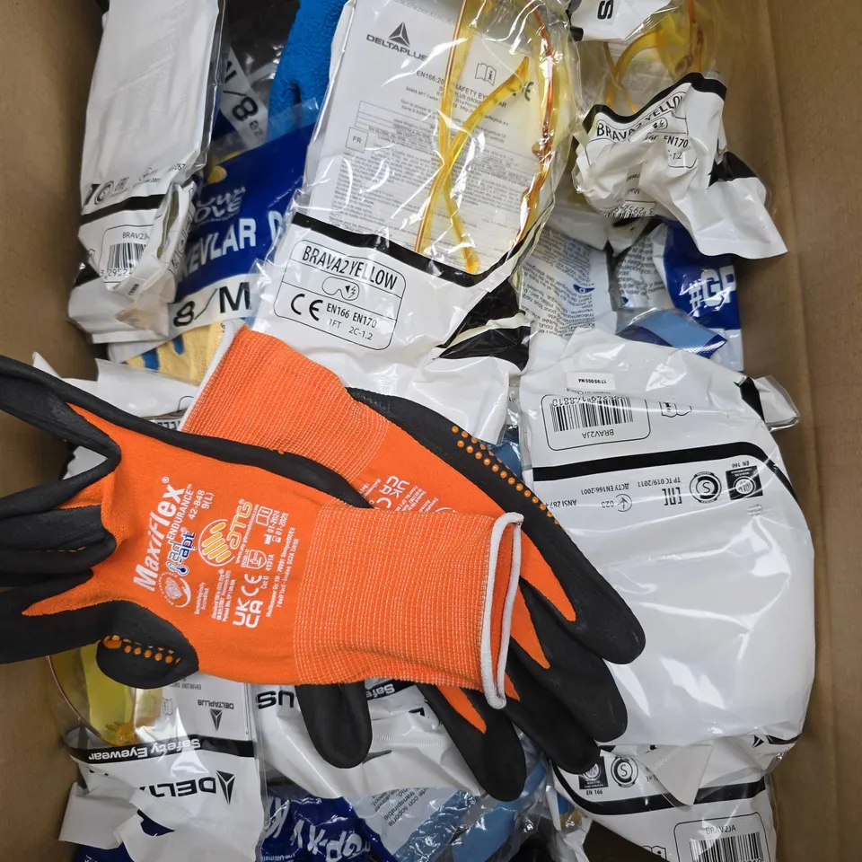 APPROXIMATELY 20 ASSORTED SAFETY CLOTHING PRODUCTS TO INCLUDE GLOVES & GLASSES 