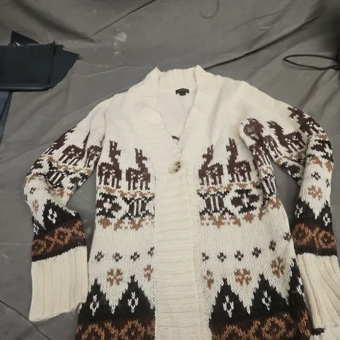 LINDEX WOMEN'S NORDIC KNIT CARDIGAN – CREAM WITH BROWN PATTERN, SIZE M