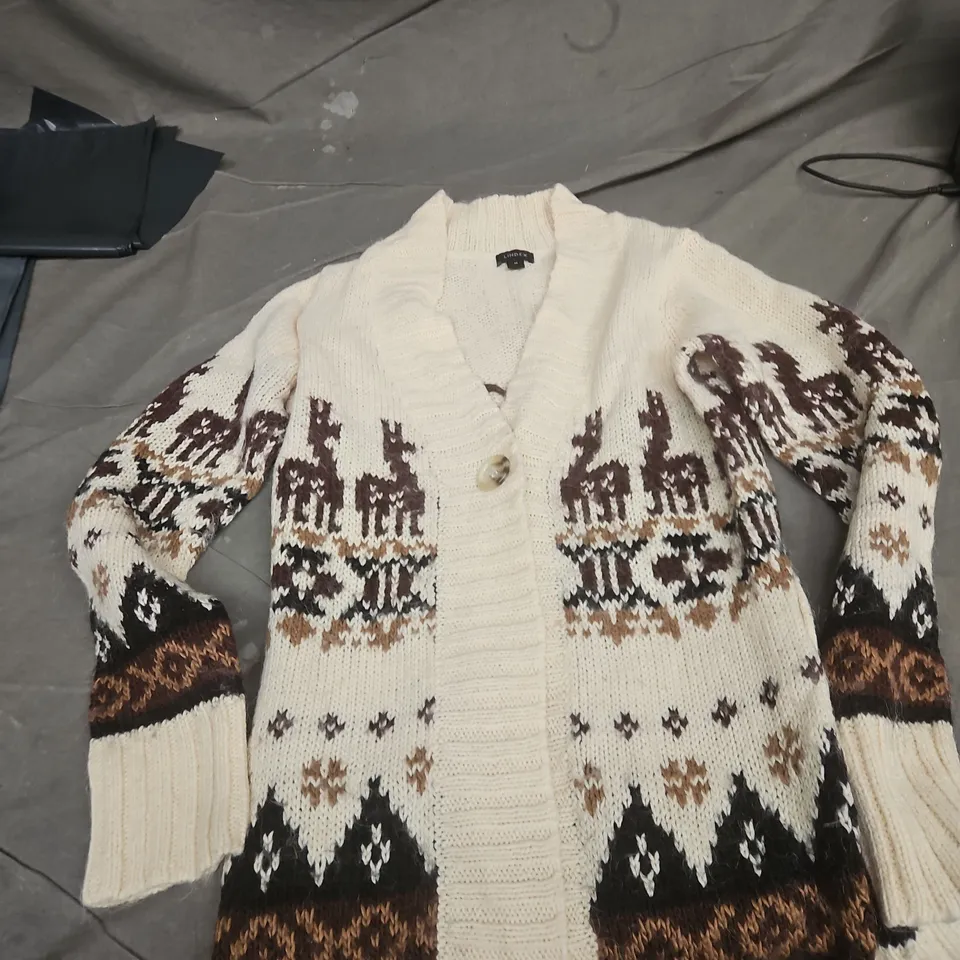 LINDEX WOMEN'S NORDIC KNIT CARDIGAN – CREAM WITH BROWN PATTERN, SIZE M