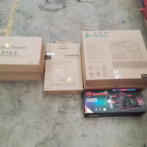 PALLET CONTAINING ASSORTED ITEMS INCLUDING: GAMING PC CASE, 4IN1 GAMING STARTER KIT, INFRARED HOT PLATE, 6-SLICE TOASTER ECT