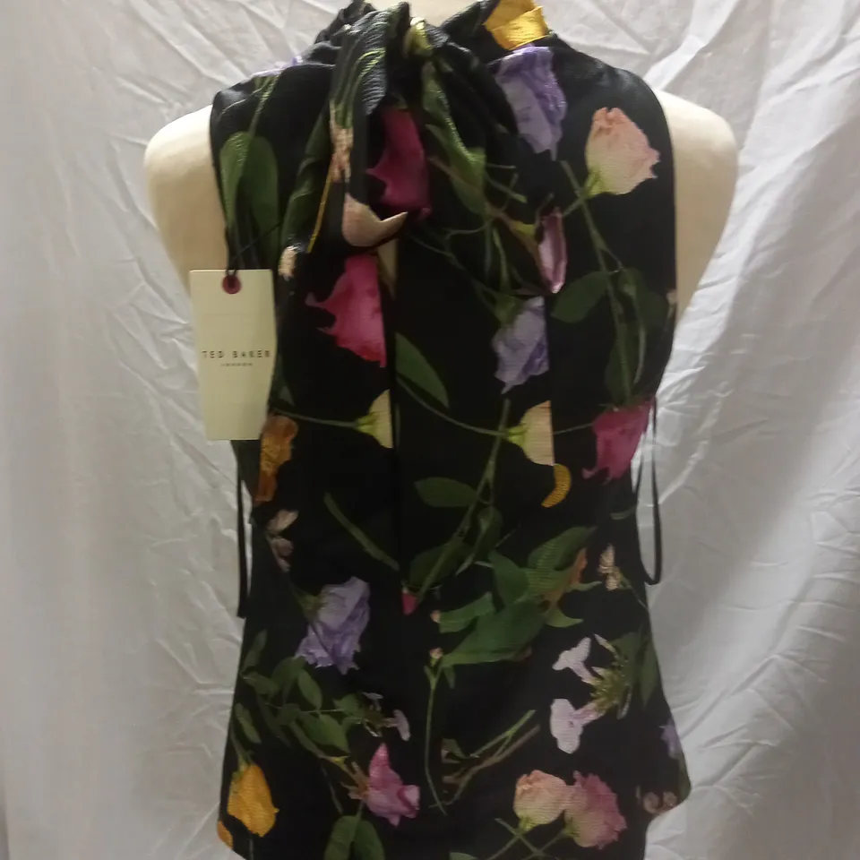 TED BAKER COWL NECK SLEEVELESS TOP, BLACK FLORAL - SIZE 2