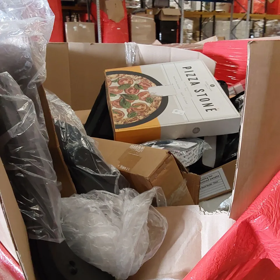 PALLET OF ASSORTED ITEMS INCLUDING, CERAMIC PIZZA STONE, INSULATED BACKPACK, SHOWER RAIL, ZSTICK TAPE 