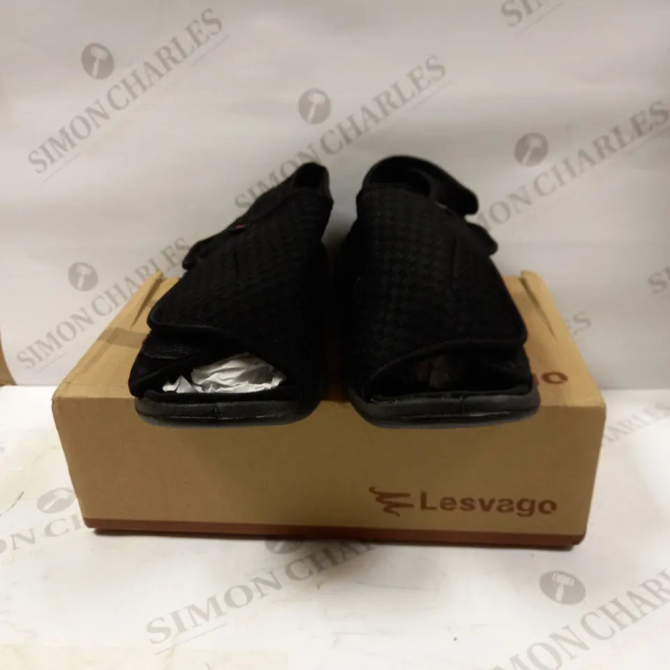 LESVAGO BLACK BREATHABLE OPEN TOE SHOES, UK SIZE 8