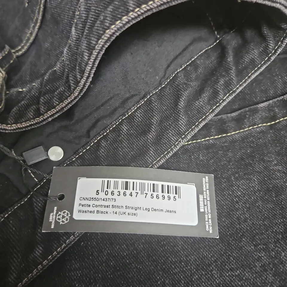 PRETTY LITTLE THING  STITCH STRAIGHT LEG DENIM JEANS – WASHED BLACK, UK SIZE 14