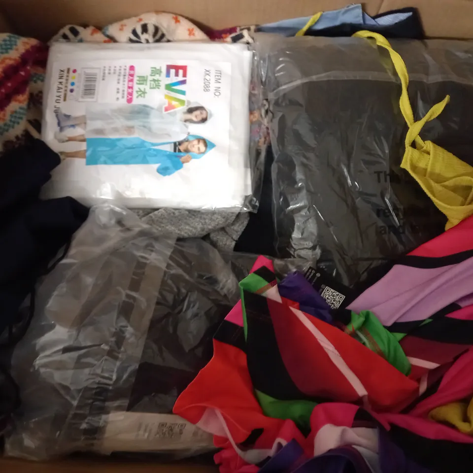 BOX OF ASSORTED CLOTHING ITEMS TOO INCLUDE JUMPERS, SHIRTS AND TROUSERS IN VARIOUS SIZES AND COLOURS   