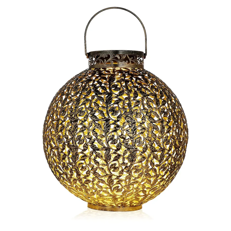 GARDEN STORIES OUTDOOR SOLAR LEAF PATTERN ROUND LANTERN 