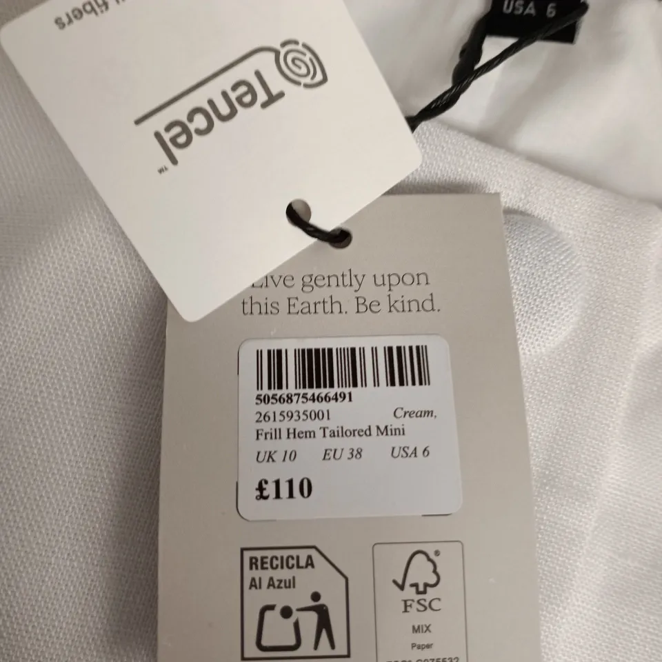 NOBODY'S CHILD CREAM FRILL HEM TAILORED MINI DRESS, UK 10