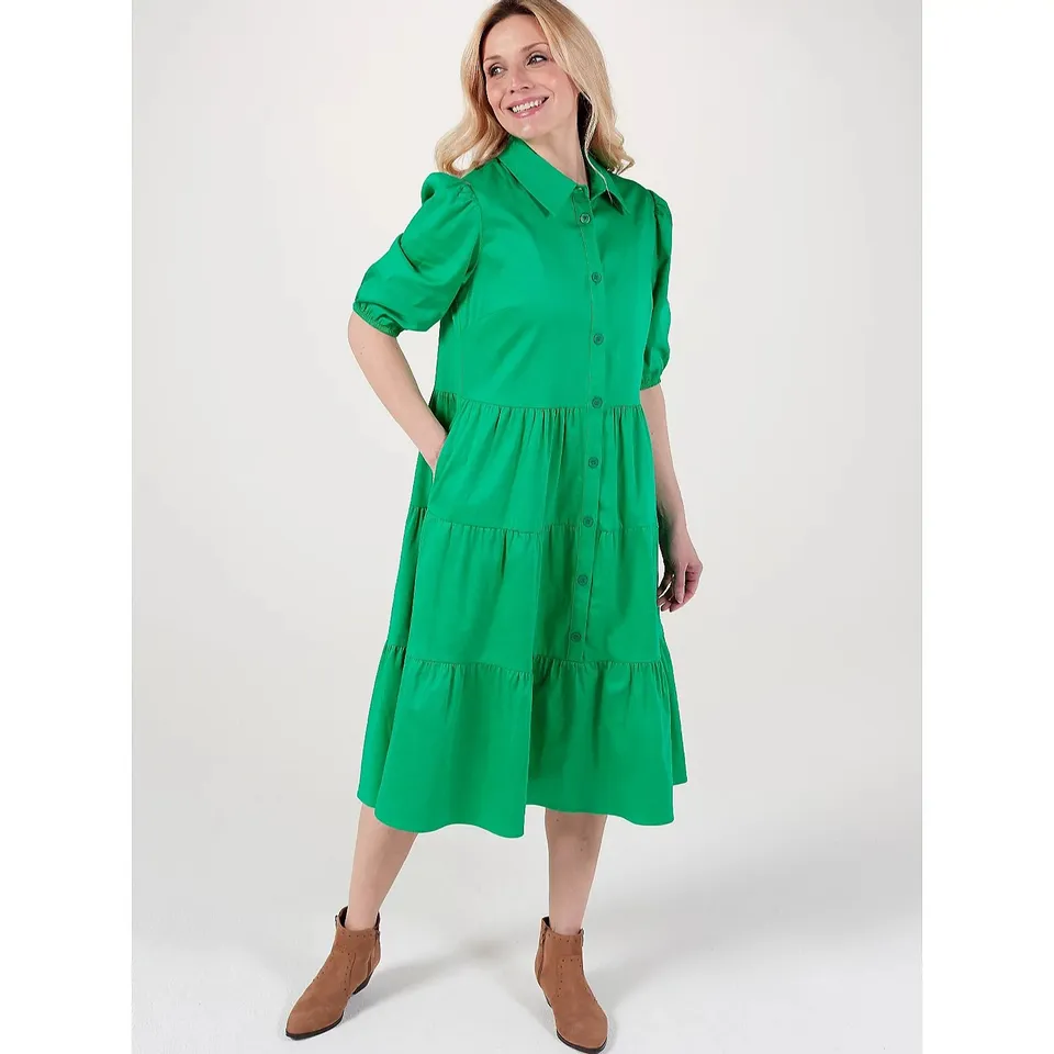 HELENE BERMAN TIERED SHIRT DRESS IN GREEN - SIZE 12