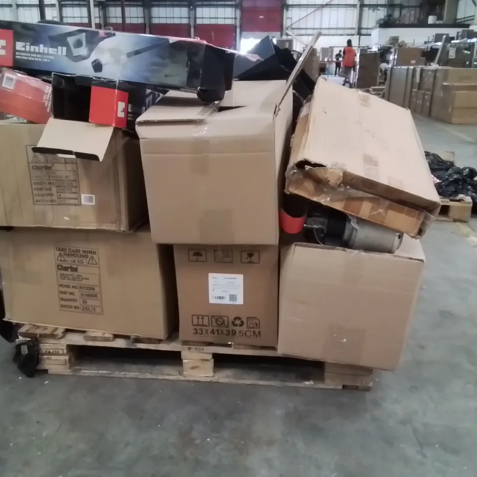 PALLET OF ASSORTED ITEMS TO INCLUDE;FAN,CLARKE 1HP SINGLE PHASE 2-POLE MOTOR,BATTERY CHARGER,EXTENSION BELT SYSTEM 