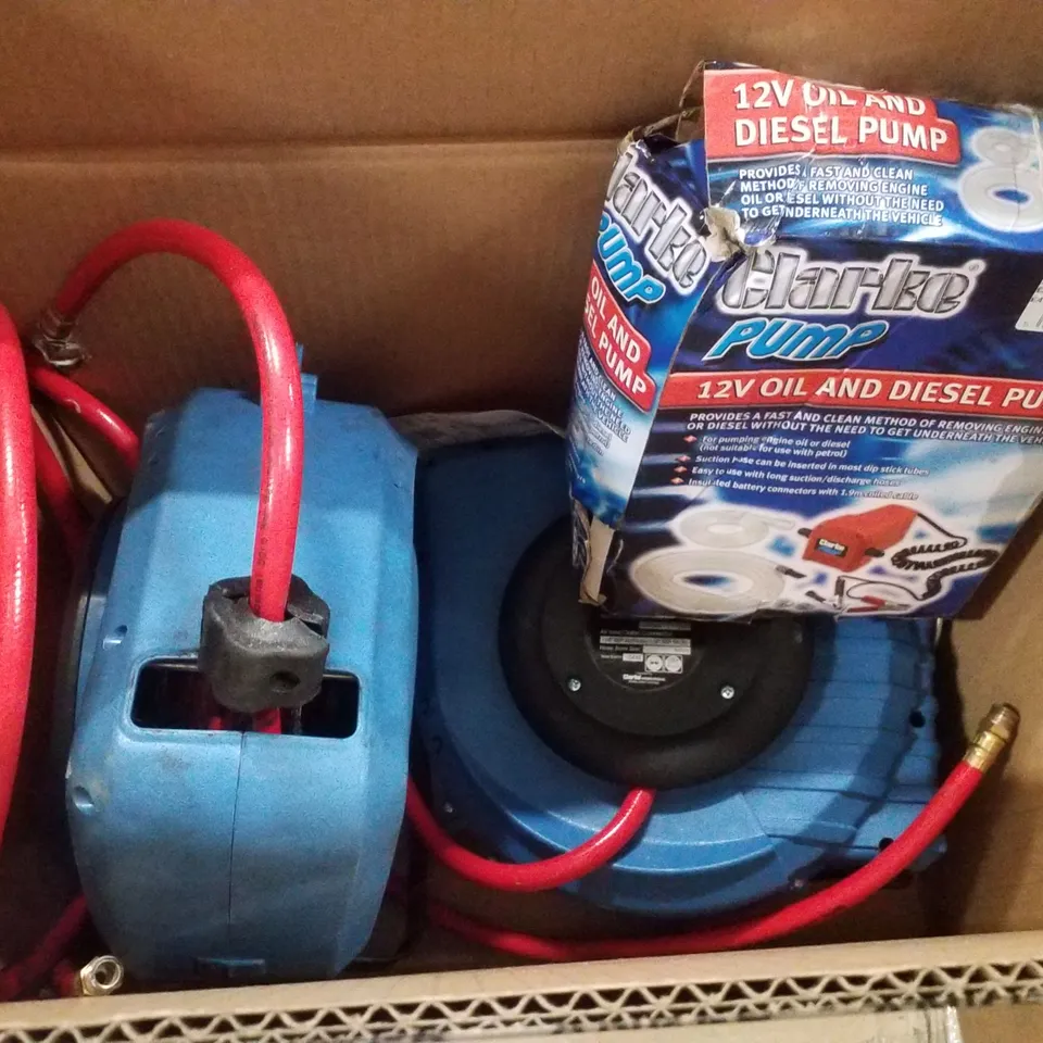 BOX CONTAINING ASSORTED PRODUCTS INCLUDING 12V OIL AND DIESEL PUMP & 2 9M RETRACTABLE AIR HOSE REELS