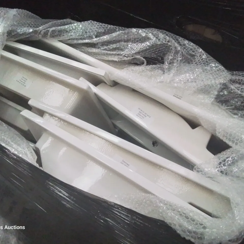 PALLET OF APPROXIMATELY 9 ASSORTED UNBOXED WHITE CERAMIC VANITY SINKS