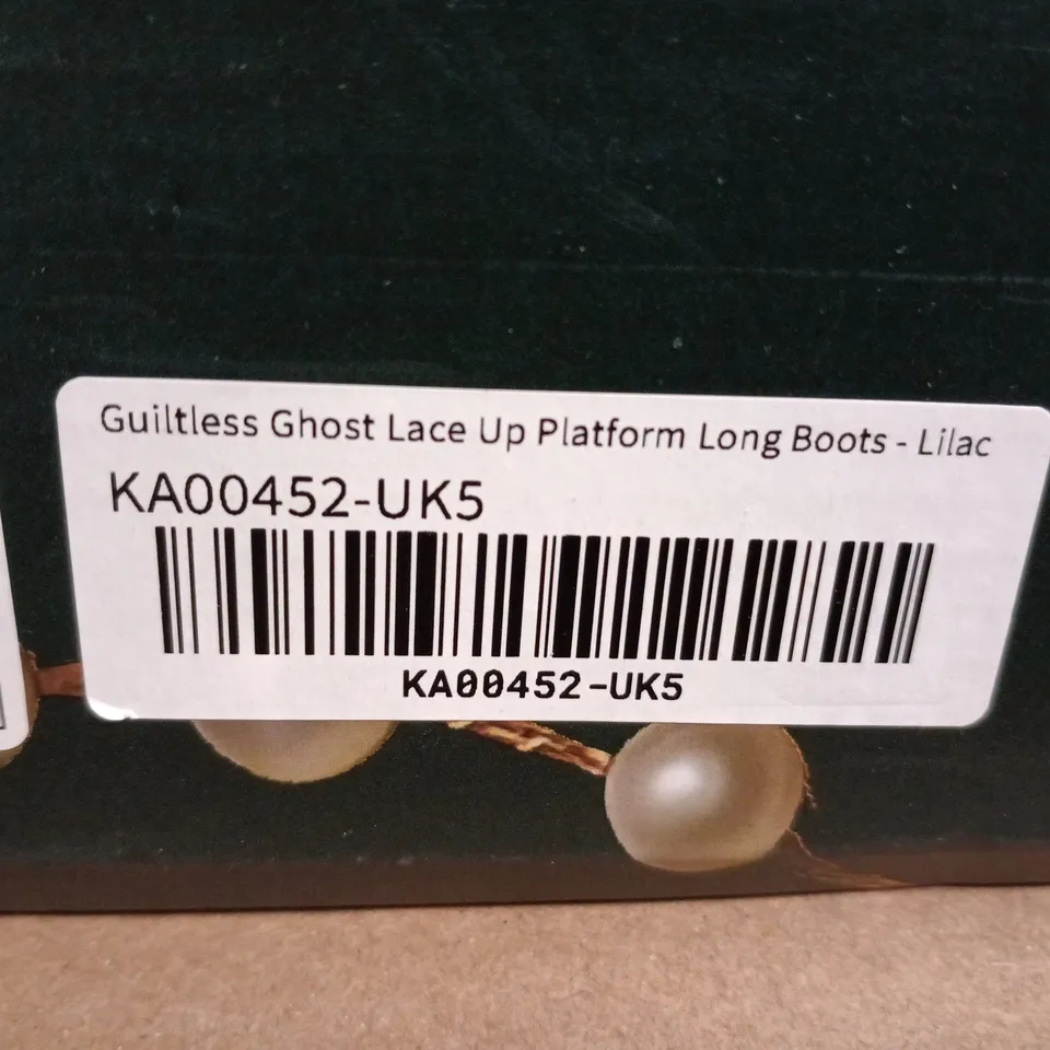 BOXED PAIR OF KOI GUILTLESS GHOST LACE UP PLATFORM LONG BOOTS IN LILAC SIZE UK 5