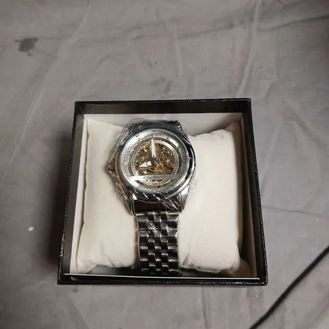 BOXED GLOBENFIELD EXHIBITION DIAL GENTS WATCH WITH SKELETON BACK CASE AND METAL STRAP