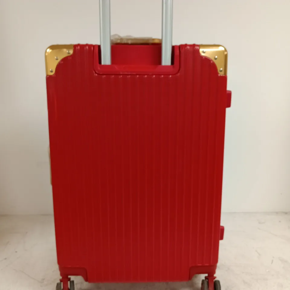 RED HARD-SHELL LUGGAGE SUITCASE WITH GOLD-TONE HARDWARE, WHEELED CARRY-ON