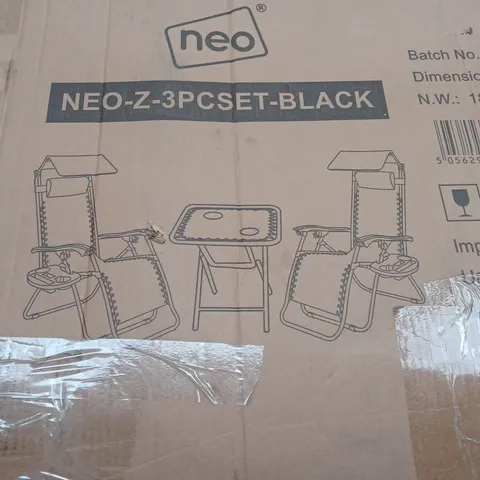 BOXED NEO BLACK FOLDING PORTABLE ZERO GRAVITY CHAIRS AND TABLE SET (1 BOX) - COLLECTION ONLY