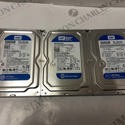 3 UNSEALED WD BLUE DESKTOP HARDDRIVES TO INCLUDE WD5000AAKX-75U6AA0, WD5000AAKX-08U6AA0, WD2500AAKX-753CA1